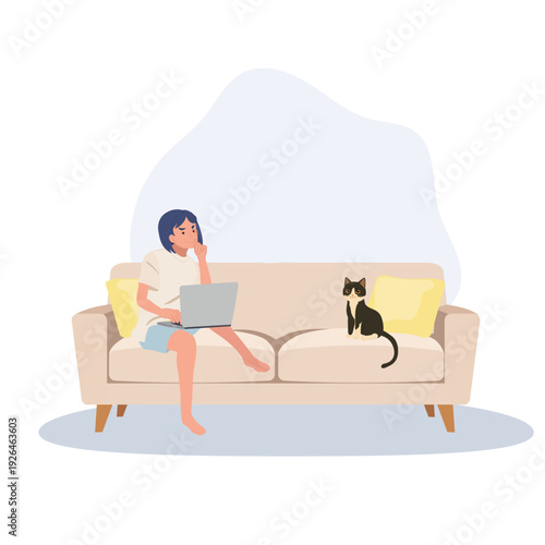 work from home concept.woman working on laptop at home with cat on sofa cozy living room illustration