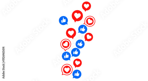 Social media icons arranged diagonally showcasing various interaction elements and symbols on a clean background