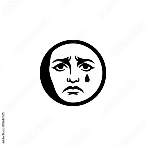 A sad woman crying with a tear on her cheek in a circular frame