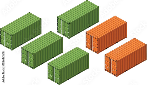 Shipping containers in contrasting green and orange colors are arranged in an isometric view.