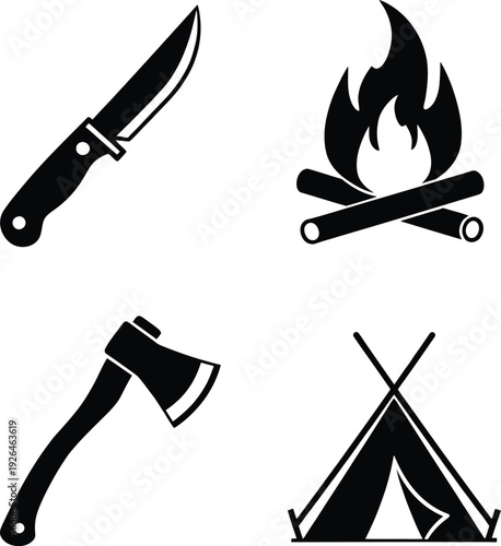 Essential camping gear including a knife, fire, axe, and tent Vector