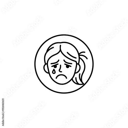 A sad woman with a tear on her cheek in a circular icon