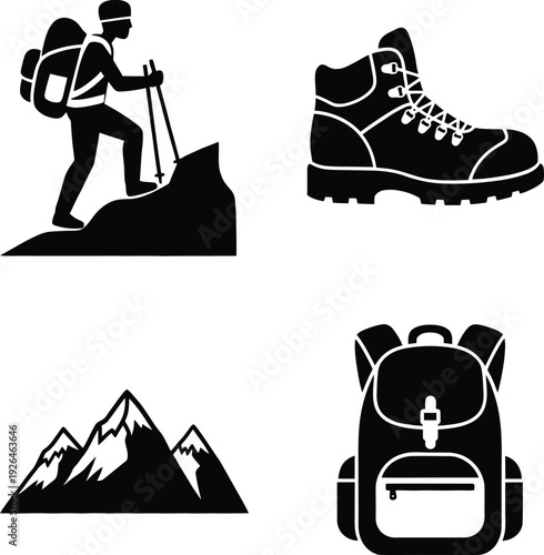 Hiking gear and mountain landscape illustration with essential equipment Vector