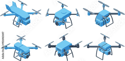 Collection of six isometric blue drone variations showcasing different aerial photography.
