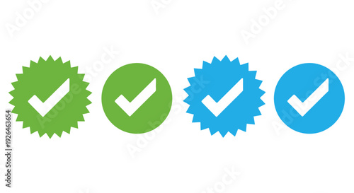 Assorted approval symbols with checkmarks in green and blue circular badges displayed together