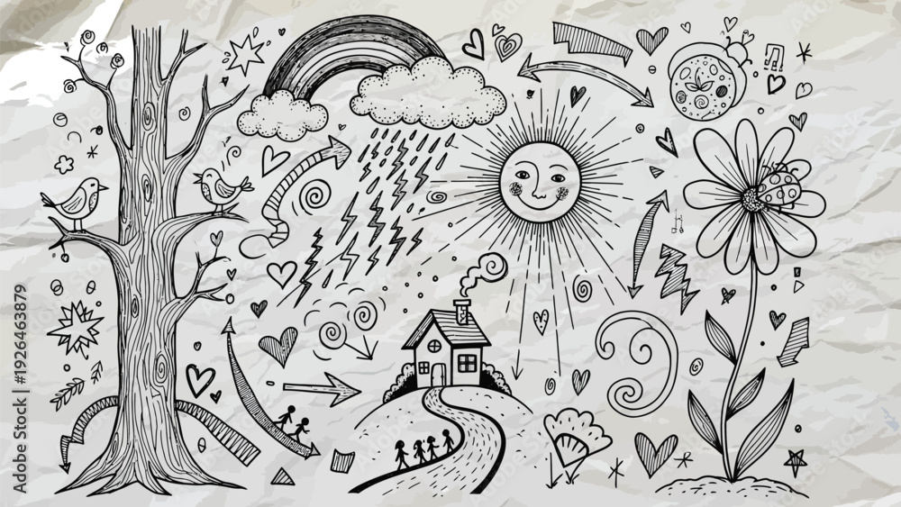 Fototapeta premium Whimsical black and white doodle of a cheerful sun and rainbow depicts a happy, positive.