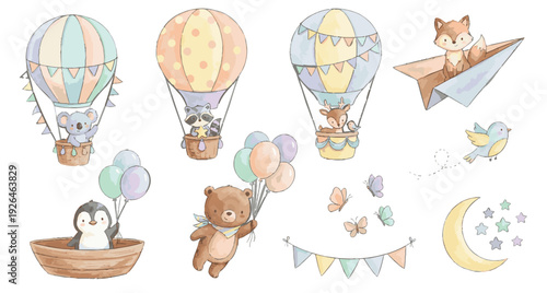 Watercolor nursery clipart with hot air balloons and cute animals. Baby sets.Collection of Vector illustrations. Perfect for invitation, card, poster, banner, decoration