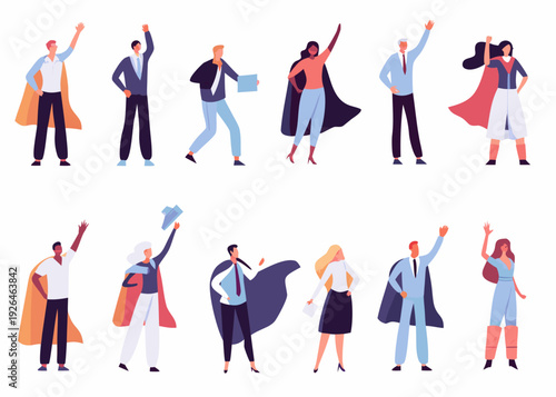 Diverse group of people celebrating with raised arms styled as superheroes