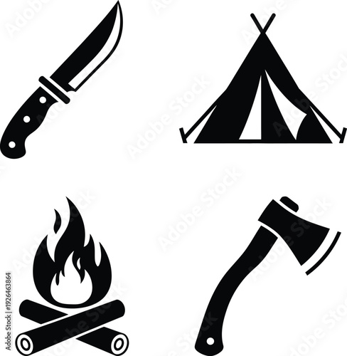 Essential camping gear including a knife, tent, campfire, and axe Vector