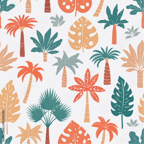 Tropical plants and palm trees in a colorful illustration on a seamless pattern