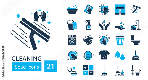 Collection of blue and black cleaning icons on white background, representing various cleaning tools and supplies