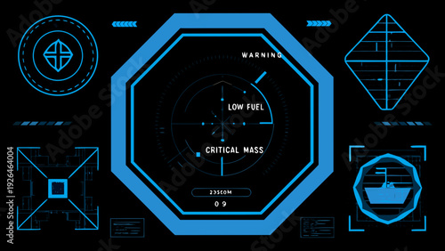 Futuristic interface display with critical warnings and technical indicators