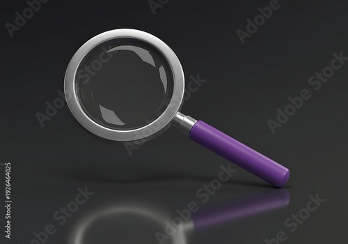 Magnifying glass with purple handle on reflective surface for inspection and examination purposes