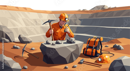 A stylized illustration depicts a miner examining rock samples with a magnifying glass at a quarry, wearing safety gear with a pickaxe in hand and a backpack nearby.