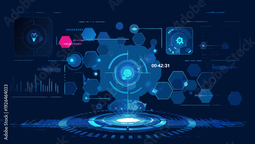 Futuristic interface with glowing hexagonal elements and central circular focus