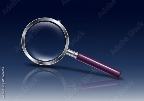 Magnifying glass with purple handle on reflective surface  closeup of magnifying glass with silver rim and dark purple handle on shiny blue gradient background