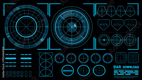 Futuristic interface elements featuring blue targeting reticles and digital displays