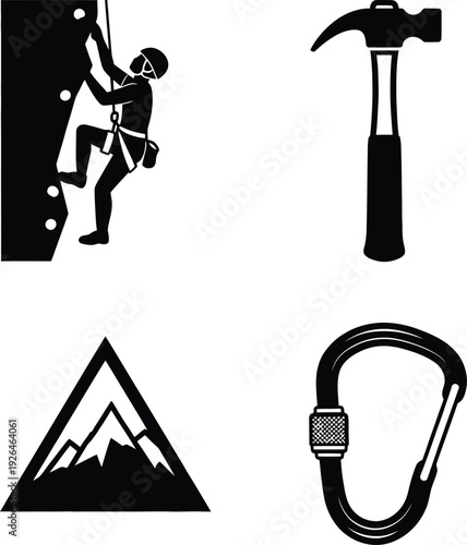 Rock climbing equipment and symbols for outdoor adventure activities Vector
