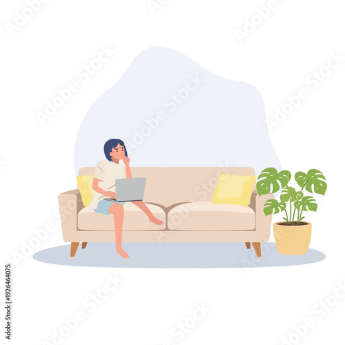 home office lifestyle female freelancer working online on couch with indoor plant