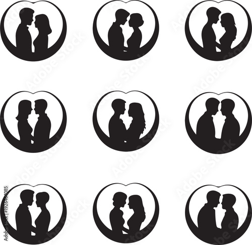 black silhouettes of couples kissing in heart shapes