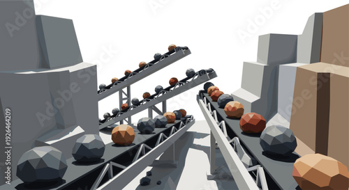 Low-poly illustration of rocks on conveyor belts in a quarry, showcasing mining, construction, and resource transportation with geometric shapes and muted earth tones.