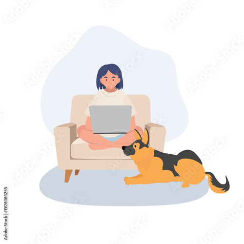 Work From Home Woman with German Shepherd Using Laptop in Cozy Living Room Flat Illustration