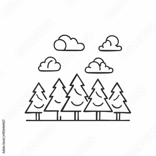 A serene forest landscape featuring trees and clouds in a simple illustration from a frontal viewpoint