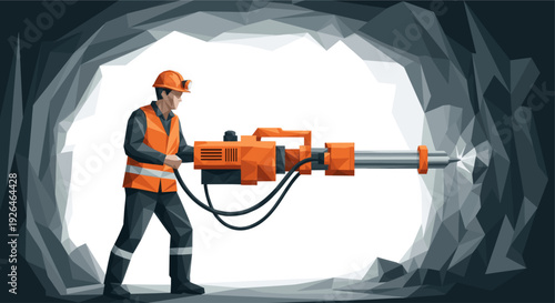 A stylized illustration of a miner in safety gear operating a large jackhammer deep within a dark, polygonal cave, emphasizing industry and labor.