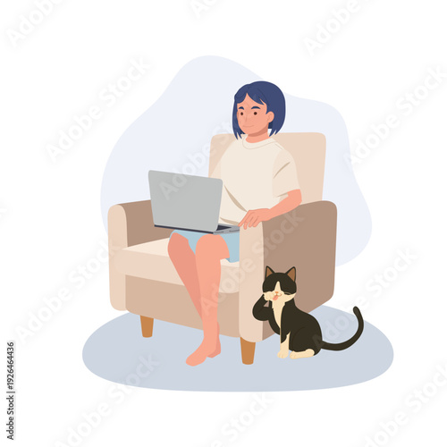 Work from home freelancer using laptop in cozy living room with pet cat flat design