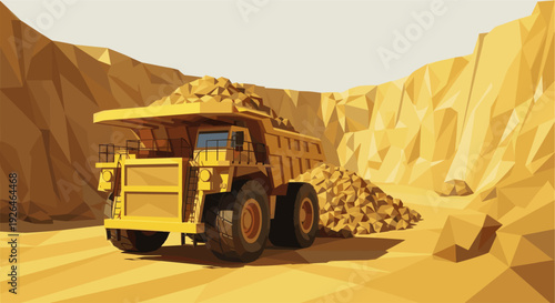 Illustration of a yellow heavy mining truck filled with rock inside a large quarry with geometric styling and yellow color palette, ideal for industrial themes.