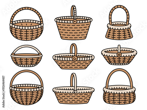 Set of various brown wicker baskets with handles on white background
