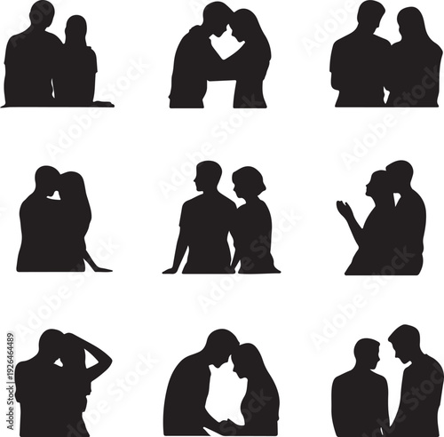 black silhouettes of couples in various romantic poses