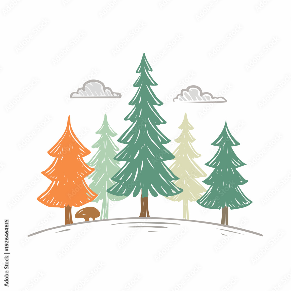 Fototapeta premium Illustration of forest trees and wildlife in a serene natural landscape from a distant viewpoint
