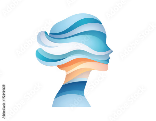 Human profile with calm waves inside silhouette vector, stress relief concept, white background