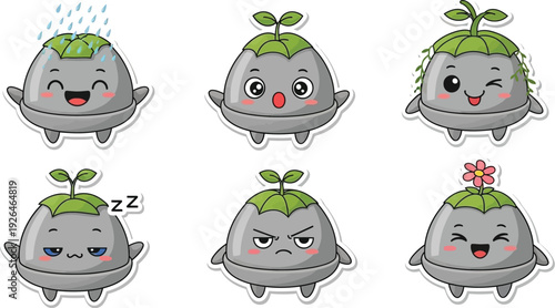 Collection of six cute grey stone creature stickers displaying various happy and angry.