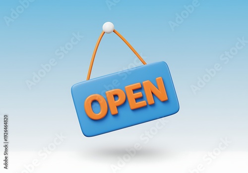 Open sign hanging on orange strings with white ball on blue gradient background  business hours indicator