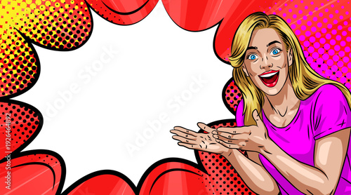 Pop Art Excited Woman - Retro Comic Book Blonde Girl Presenting with Speech Bubble Frame