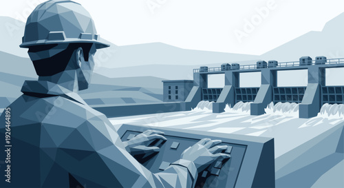 Stylized illustration depicts a control room operator with a hard hat monitoring water flow through a dam, in a monochromatic blue, showing modern energy management.