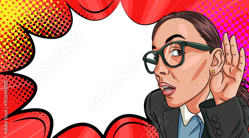 Pop Art Listening Woman - Retro Comic Book Business Girl with Glasses and Speech Bubble