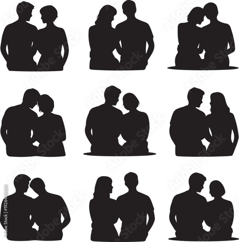 black silhouettes of couples in various romantic poses