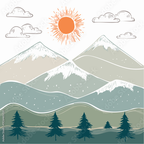 Illustration of snow-capped mountains with evergreen trees under a sunny sky with clouds