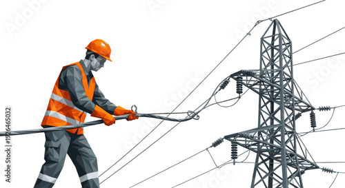 Low polygon illustration of a lineman in safety gear working with tools on high voltage power lines near an electricity pylon, isolated on white. Ideal for energy and industry concepts.