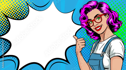 Pop Art Thumbs Up Woman - Retro Comic Book Girl with Glasses and Speech Bubble Frame