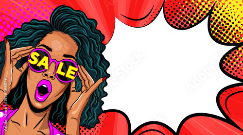 Pop Art Sale Woman - Retro Comic Book Girl with Sale Sunglasses and Speech Bubble