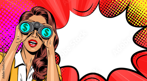 Pop Art Woman Looking for Money - Comic Book Girl with Dollar Binoculars and Speech Bubble