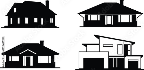 Minimalist House Silhouette Icon Set - Vector Home and Real Estate Symbols