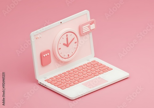 Pink laptop computer with clock on screen and pink keyboard and background