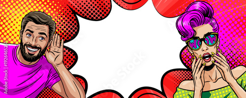 Pop Art Gossip Banner - Retro Comic Man and Woman with Speech Bubble Frame