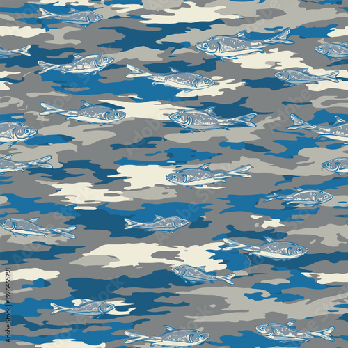 Blue Fishing Camouflage Seamless Vector Pattern