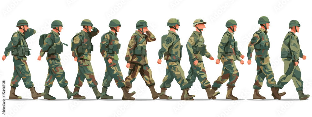 Obraz premium group of military people standing in a line flat style vector illustration isolated on white background